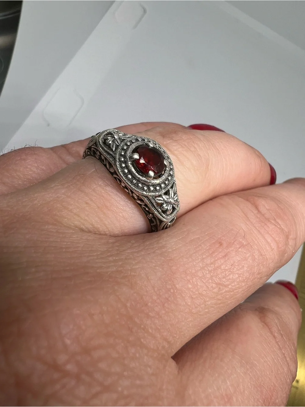 Vintage-Inspired Sterling Ring with Deep Red Garnet Gemstone
